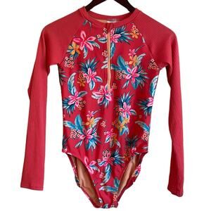 Art Class Girls Rash Gard Bathing Suit XL Coral Tropical Long Sleeve Half Zip